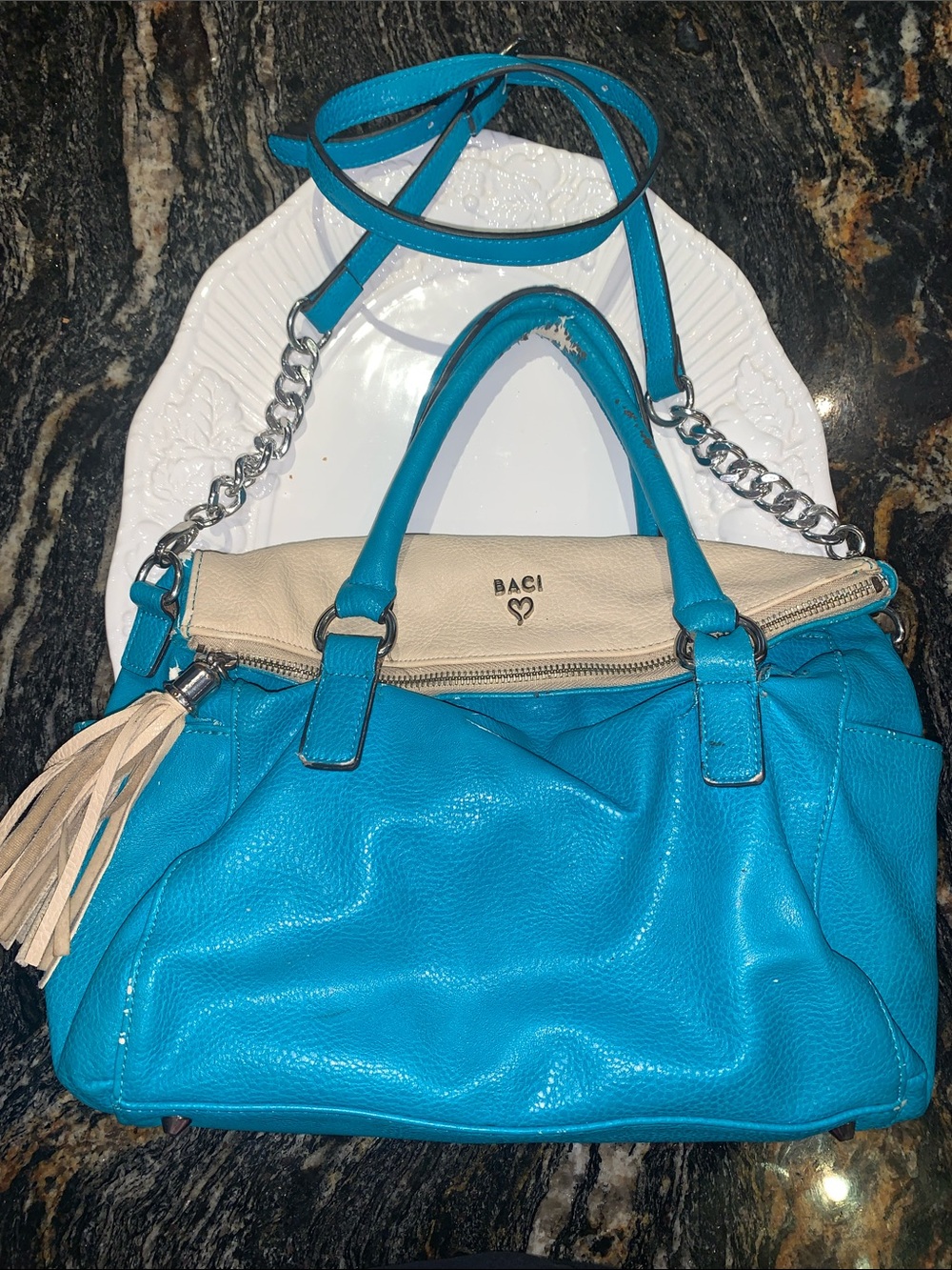 Two-Tone Turquoise & Cream Satchel Handbag